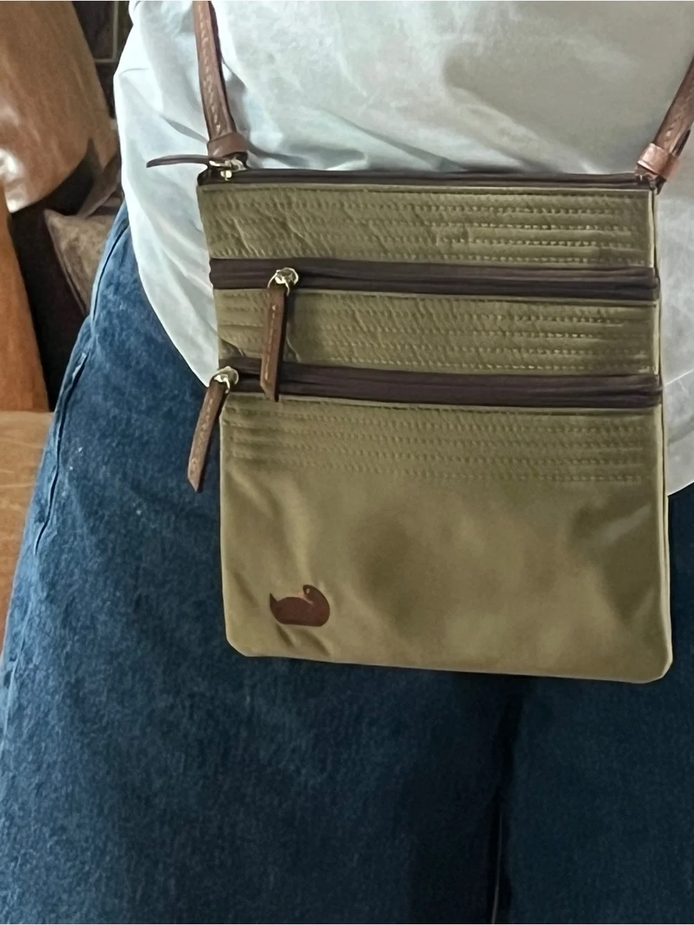 Olive Green Dooney & Bourke Crossbody  Bag with Brown Trim